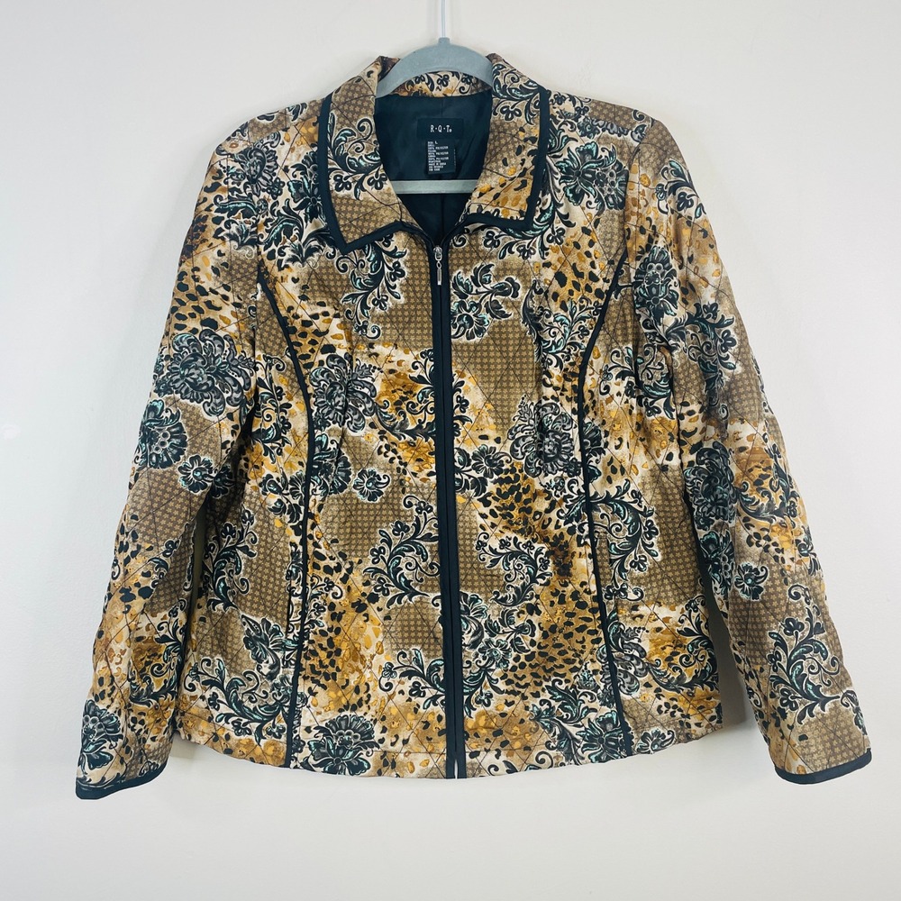 Vintage Art To Wear Quilted Jacket Women Large Mixed Animal Print Full Zip Lined